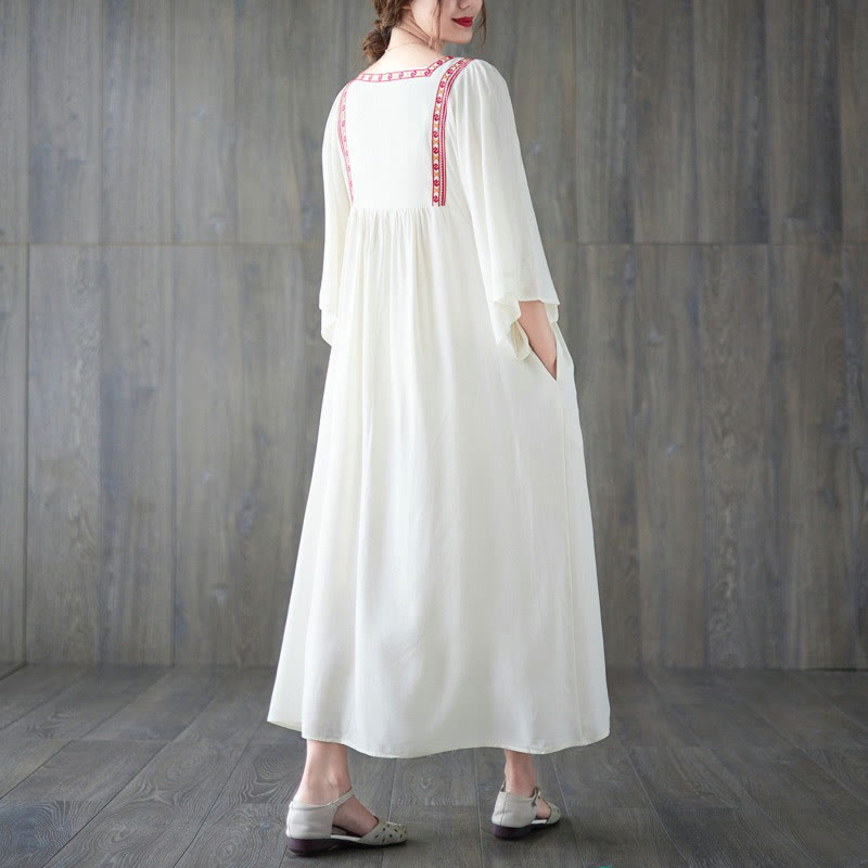 Sukienka midi z haftowanymi Buddha Stones , falbaniastym brzegiem i kieszeniami - image 2