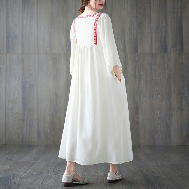 Sukienka midi z haftowanymi Buddha Stones , falbaniastym brzegiem i kieszeniami - image 2