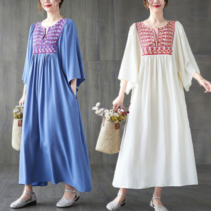 Sukienka midi z haftowanymi Buddha Stones , falbaniastym brzegiem i kieszeniami - image 0