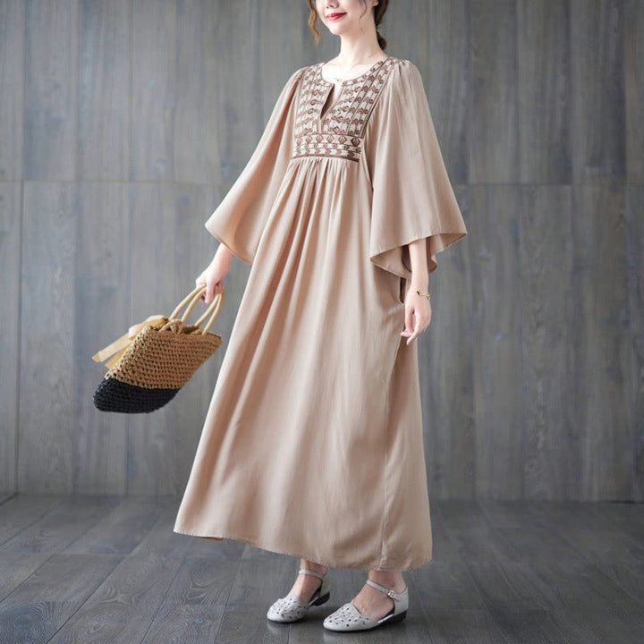 Sukienka midi z haftowanymi Buddha Stones , falbaniastym brzegiem i kieszeniami - image 31