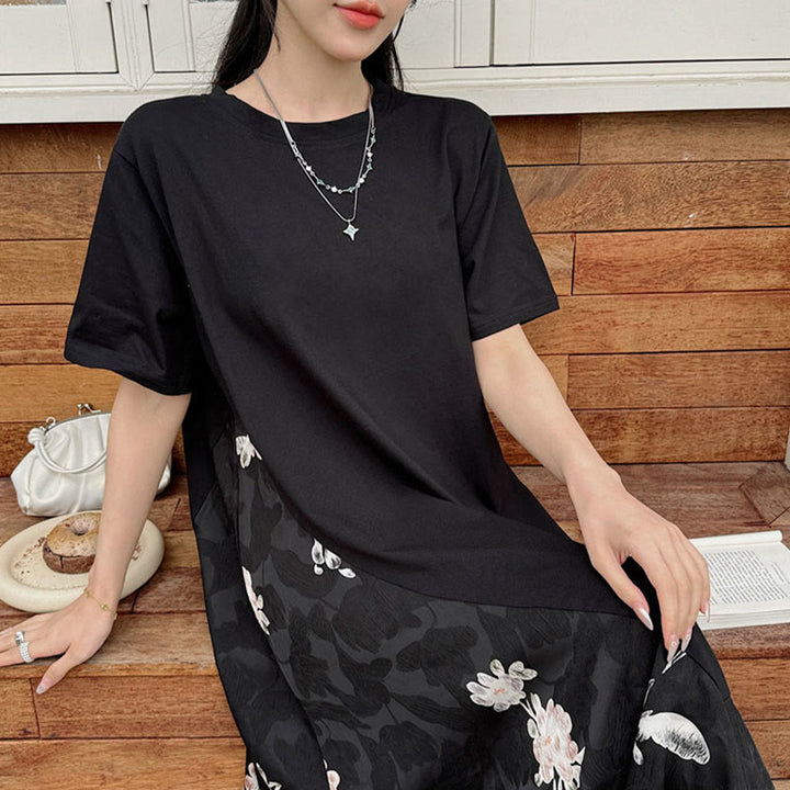 Sukienka midi z krótkim rękawem i żakardowym T-shirtem z Buddha Stones w kwiaty