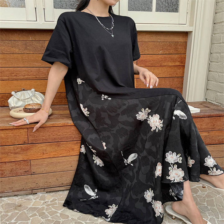 Sukienka midi z krótkim rękawem i żakardowym T-shirtem z Buddha Stones w kwiaty