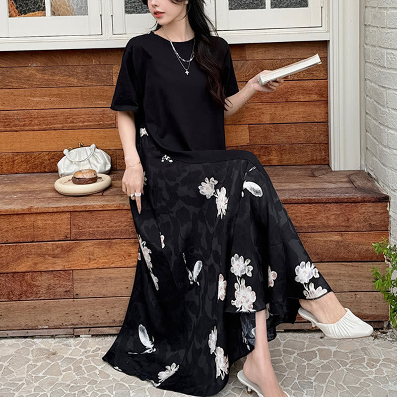 Sukienka midi z krótkim rękawem i żakardowym T-shirtem z Buddha Stones w kwiaty - 3XL(pasuje do rozmiaru US12; UK/AU16; EU44) - image 0