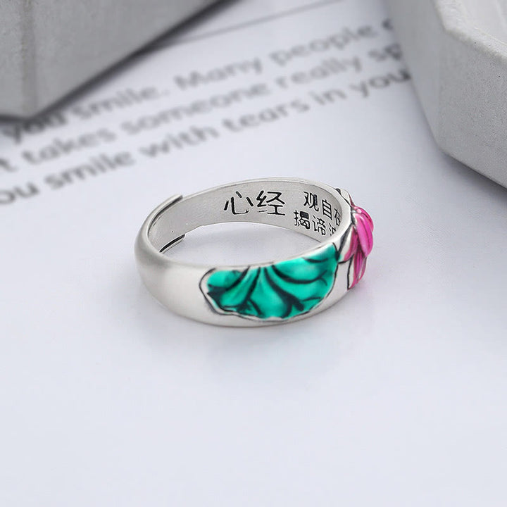 Pierścionek oświecenia Buddha Stones 925 Sterling Silver Lotus Flower Heart Sutra - image 3