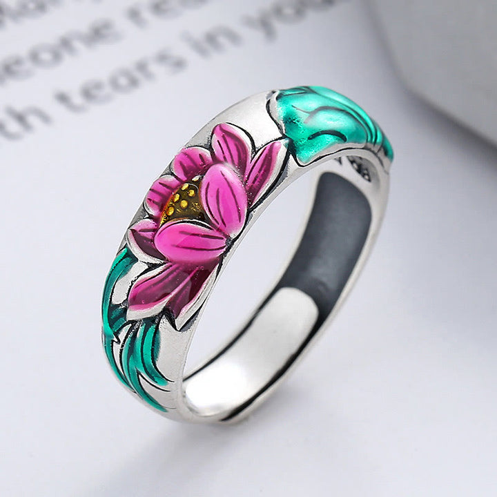 Pierścionek oświecenia Buddha Stones 925 Sterling Silver Lotus Flower Heart Sutra