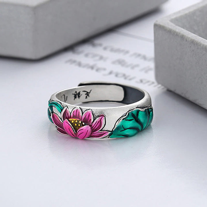 Pierścionek oświecenia Buddha Stones 925 Sterling Silver Lotus Flower Heart Sutra