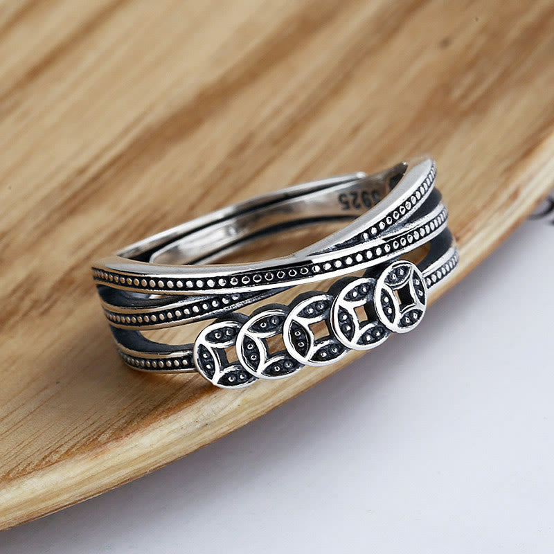 Buddha Stones 925 Srebro Miedziane Monety Bogactwo Błogosławieństwo Regulowany Pierścień - image 1