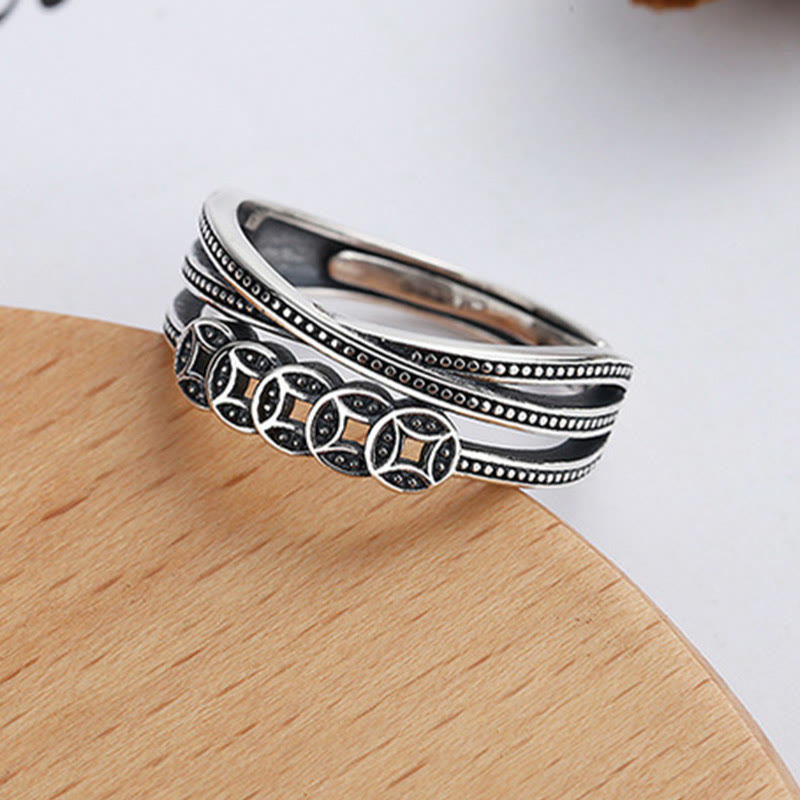 Buddha Stones 925 Srebro Miedziane Monety Bogactwo Błogosławieństwo Regulowany Pierścień - image 2