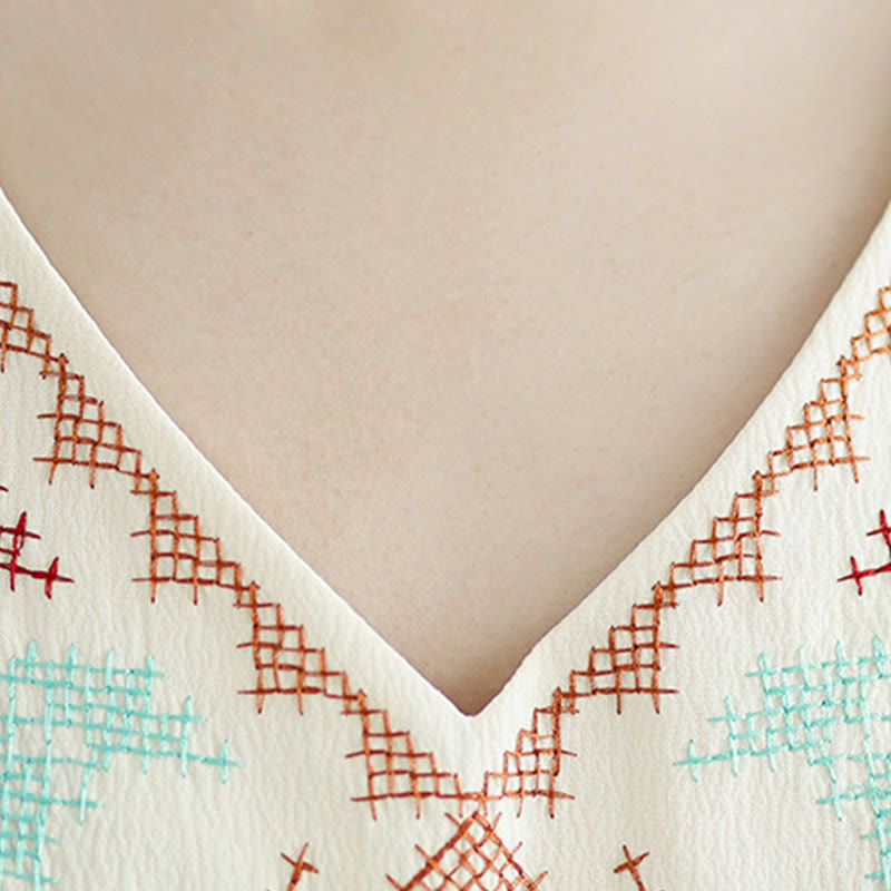 Buddha Stones Retro Haftowany Top z Dekoltem w Serek i Frędzlami - image 7