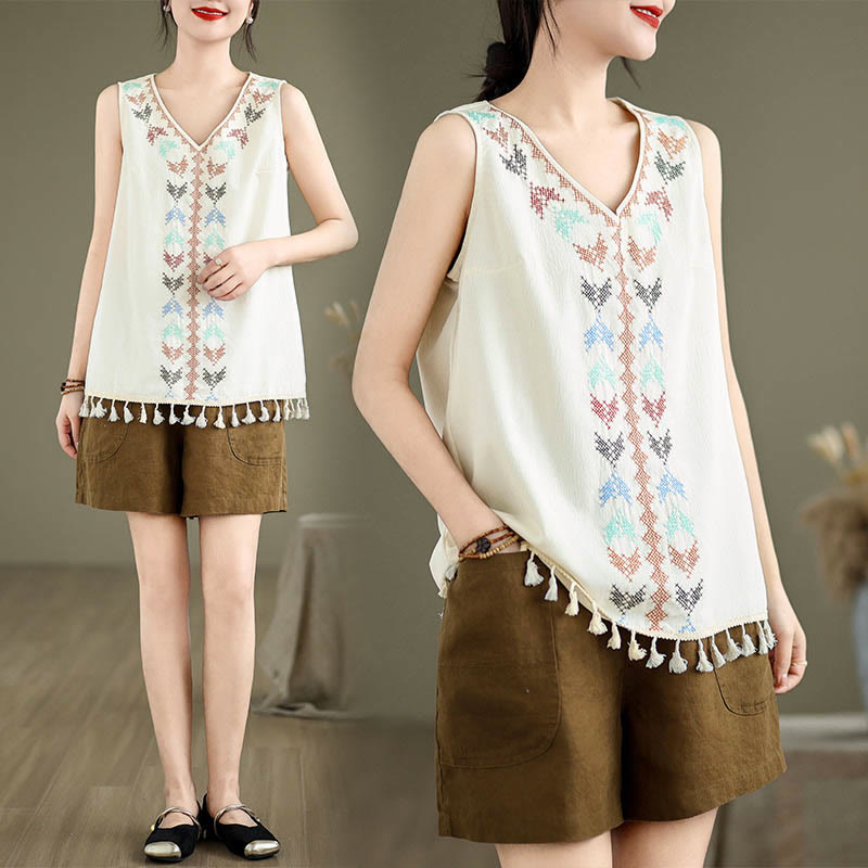 Buddha Stones Retro Haftowany Top z Dekoltem w Serek i Frędzlami - image 13
