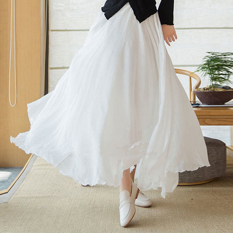 Spódnica lniana z elastycznym wysokim stanem i Buddha Stones w jednolitym kolorze - image 17