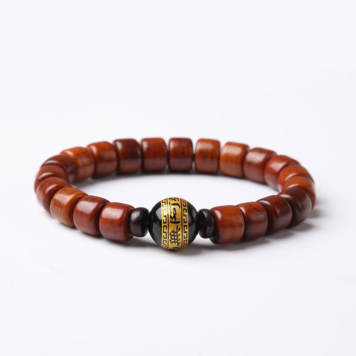 Buddha Stones Tybetańskie Koraliki Kościane Trójoczne Koraliki Dzi Rogi Owcze Czerwony Agat Bransoletka Siłowa