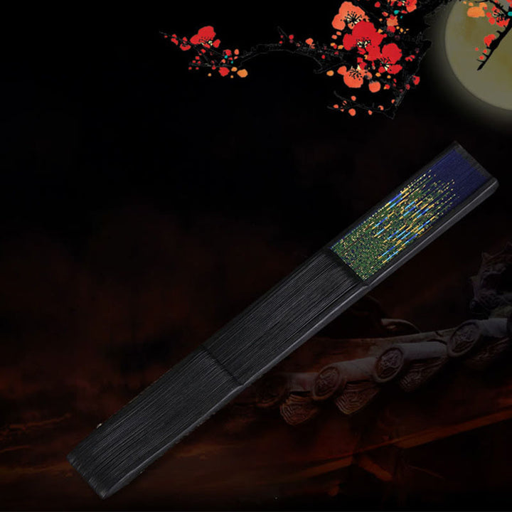 Buddha Stones z piór pawia, ręczny, składany wachlarz bambusowy, 21,5 cm