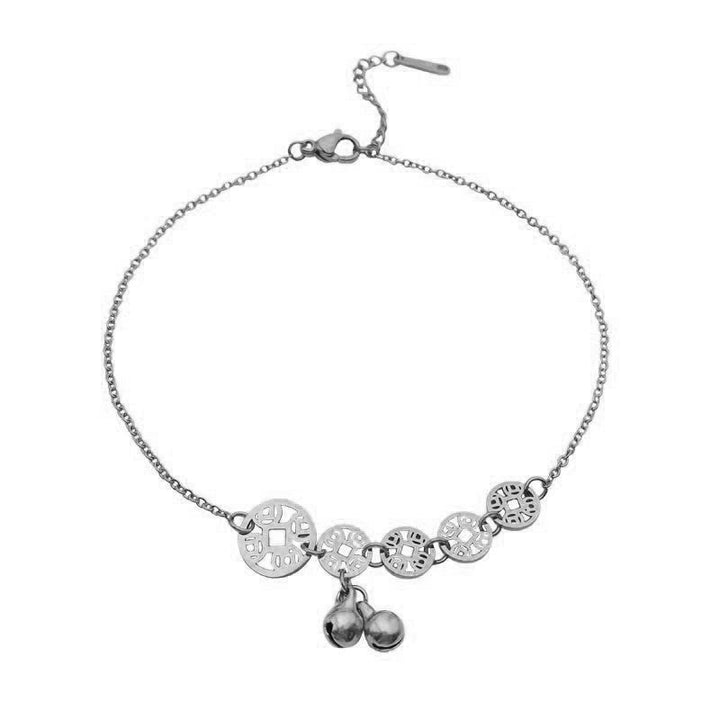 Buddha Stones Monety Miedziane Dzwonek Charm Tytanowa Stal Wzmocnienie Bransoletka na Kostkę