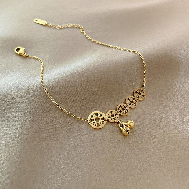 Buddha Stones Monety Miedziane Dzwonek Charm Tytanowa Stal Wzmocnienie Bransoletka na Kostkę