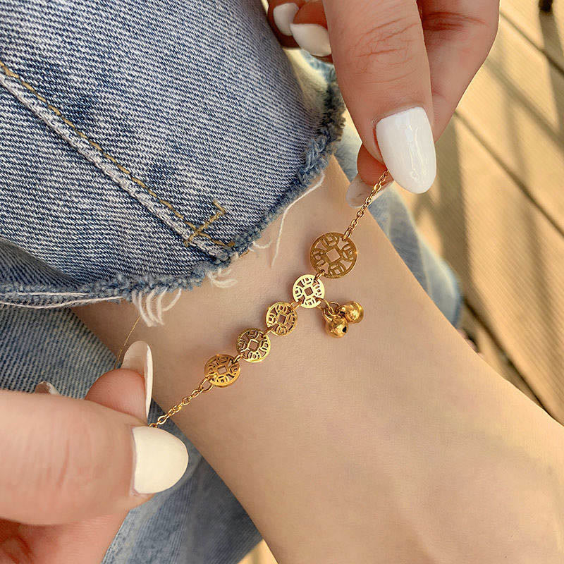 Buddha Stones Monety Miedziane Dzwonek Charm Tytanowa Stal Wzmocnienie Bransoletka na Kostkę