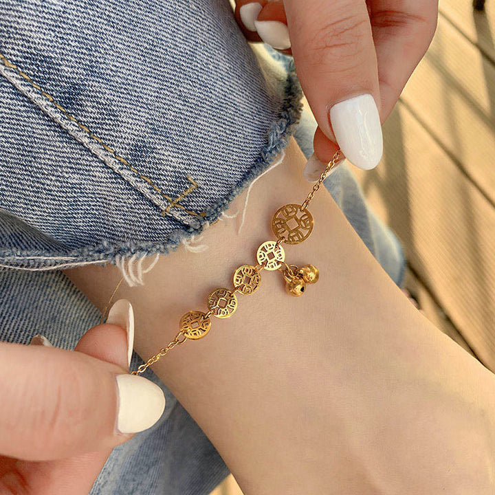 Buddha Stones Monety Miedziane Dzwonek Charm Tytanowa Stal Wzmocnienie Bransoletka na Kostkę