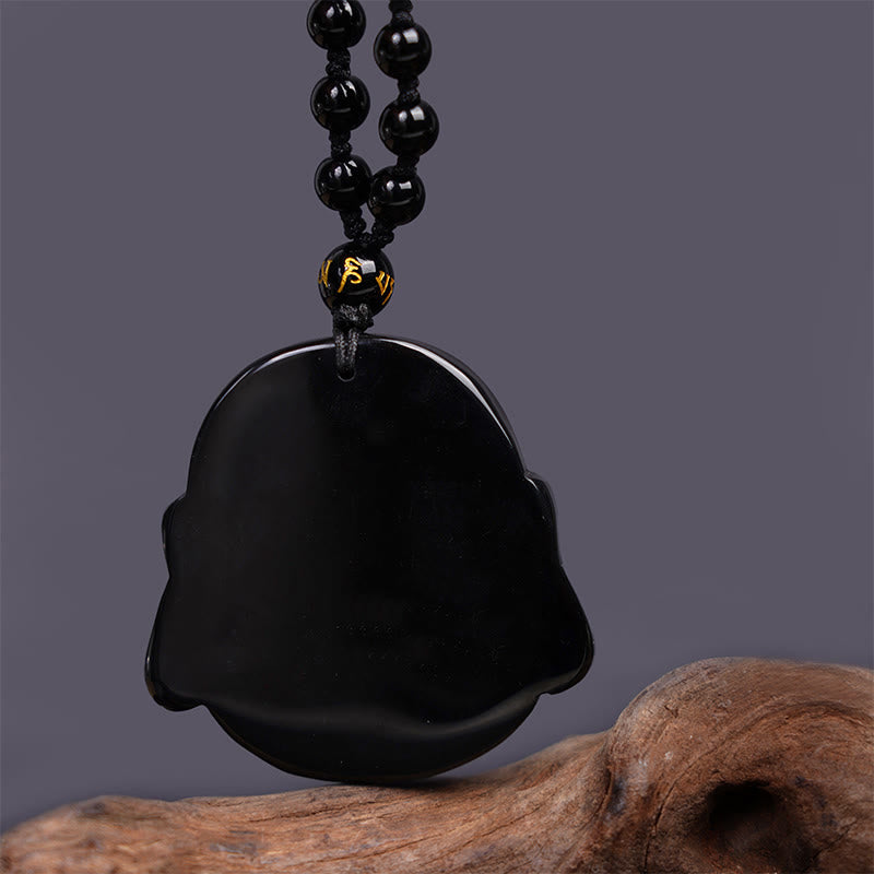 Buddha Stones Naturalny Czarny Obsydian Śmiejący się Budda Naszyjnik Oczyszczający Wisiorek