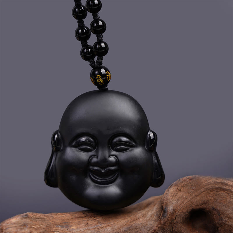 Buddha Stones Naturalny Czarny Obsydian Śmiejący się Budda Naszyjnik Oczyszczający Wisiorek