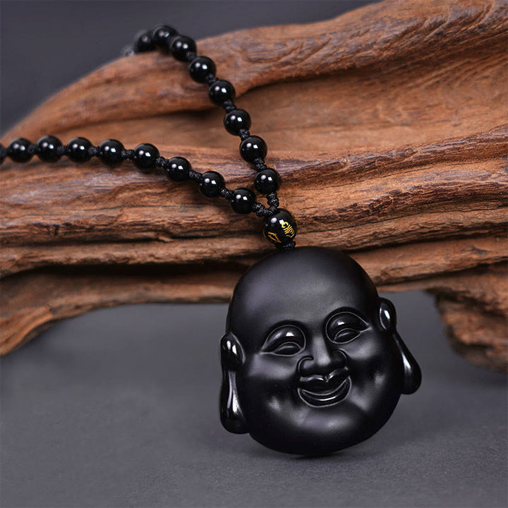 Buddha Stones Naturalny Czarny Obsydian Śmiejący się Budda Naszyjnik Oczyszczający Wisiorek