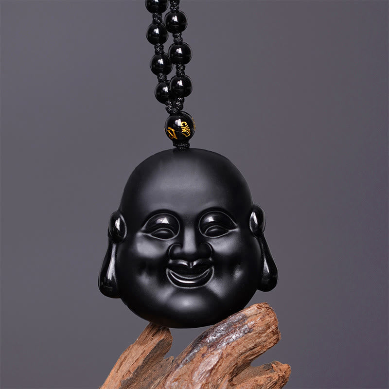 Buddha Stones Naturalny Czarny Obsydian Śmiejący się Budda Naszyjnik Oczyszczający Wisiorek