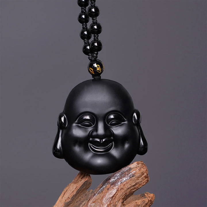 Buddha Stones Naturalny Czarny Obsydian Śmiejący się Budda Naszyjnik Oczyszczający Wisiorek