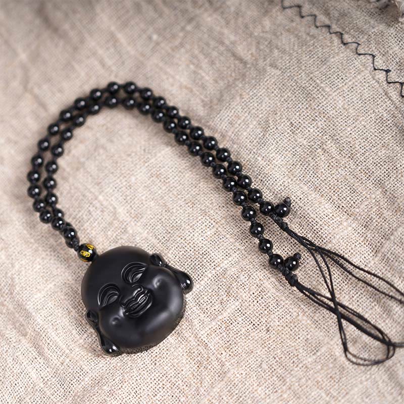 Buddha Stones Naturalny Czarny Obsydian Śmiejący się Budda Naszyjnik Oczyszczający Wisiorek