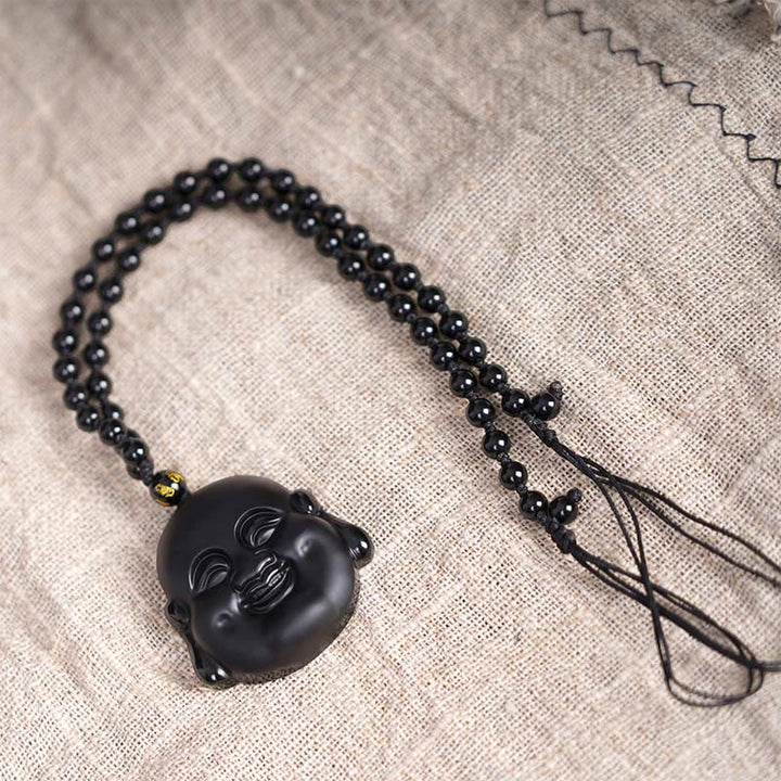 Buddha Stones Naturalny Czarny Obsydian Śmiejący się Budda Naszyjnik Oczyszczający Wisiorek