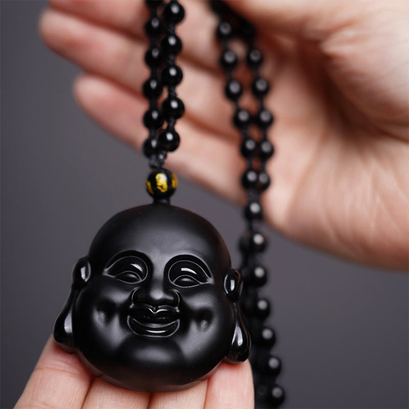 Buddha Stones Naturalny Czarny Obsydian Śmiejący się Budda Naszyjnik Oczyszczający Wisiorek