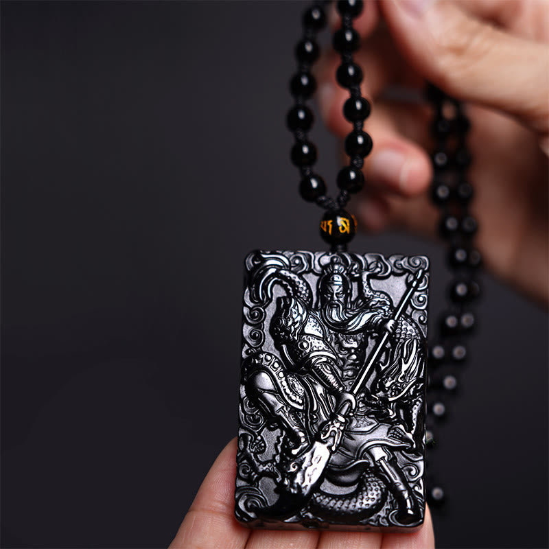 Buddha Stones Czarny Obsydian Guan Gong Amulet Grawerowany Naszyjnik Siła Wisiorek