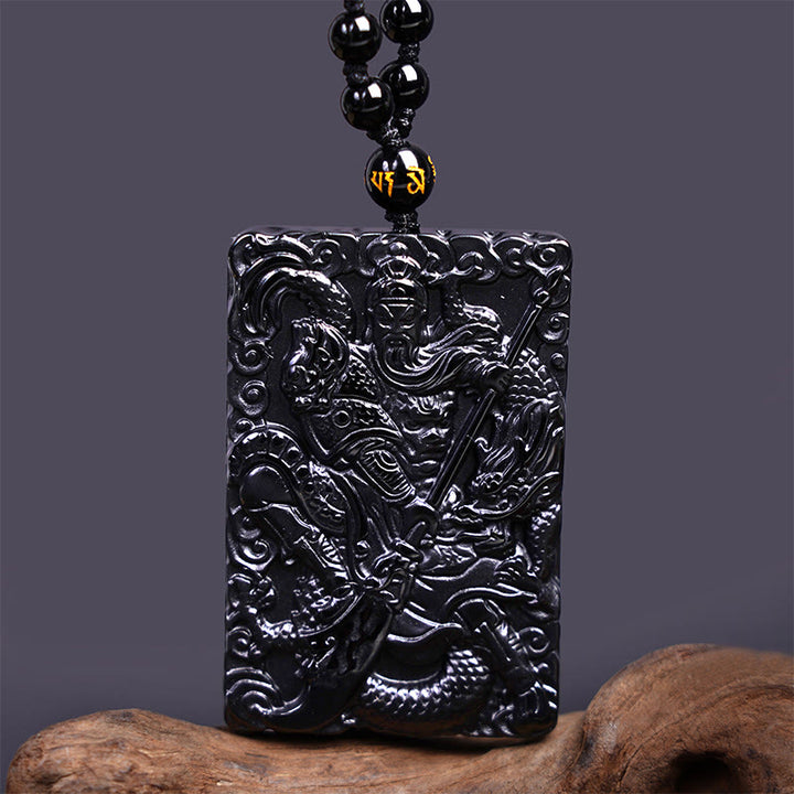 Buddha Stones Czarny Obsydian Guan Gong Amulet Grawerowany Naszyjnik Siła Wisiorek