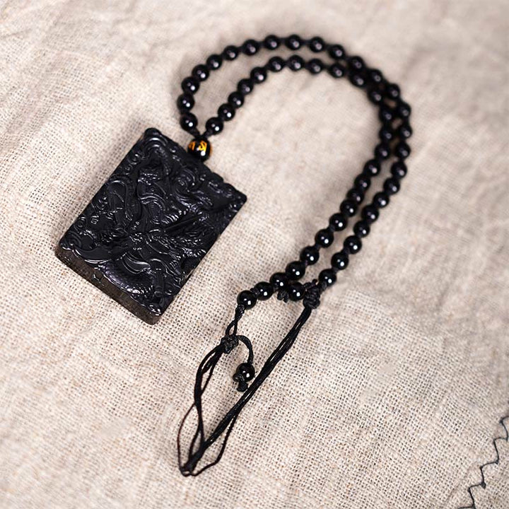 Buddha Stones Czarny Obsydian Guan Gong Amulet Grawerowany Naszyjnik Siła Wisiorek
