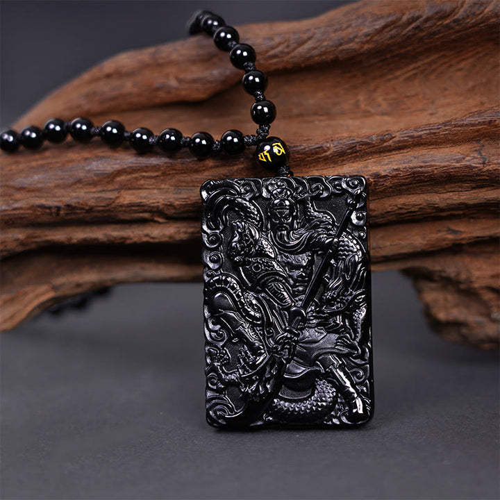 Buddha Stones Czarny Obsydian Guan Gong Amulet Grawerowany Naszyjnik Siła Wisiorek