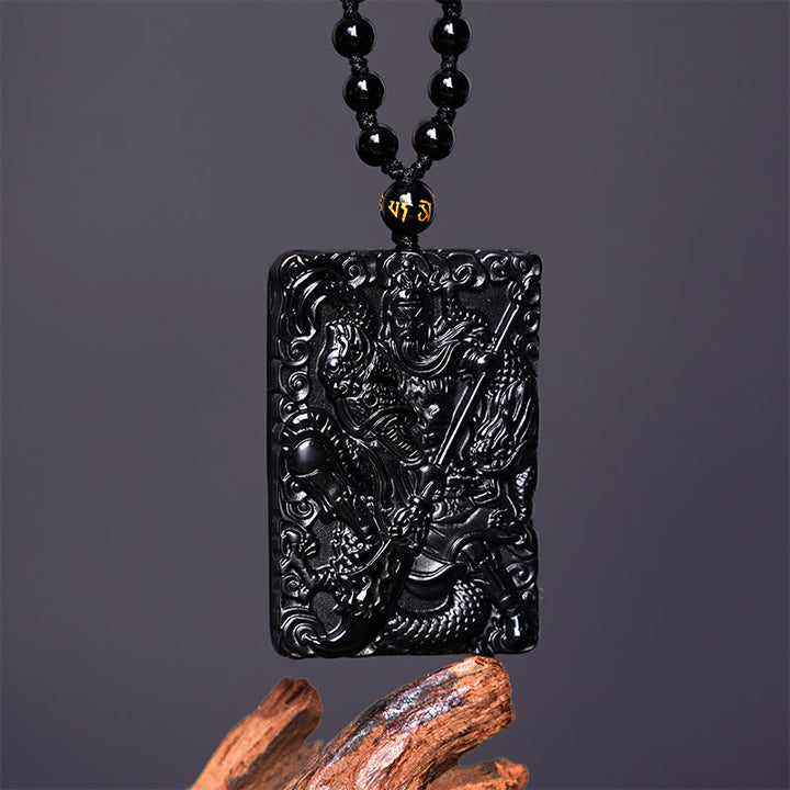 Buddha Stones Czarny Obsydian Guan Gong Amulet Grawerowany Naszyjnik Siła Wisiorek