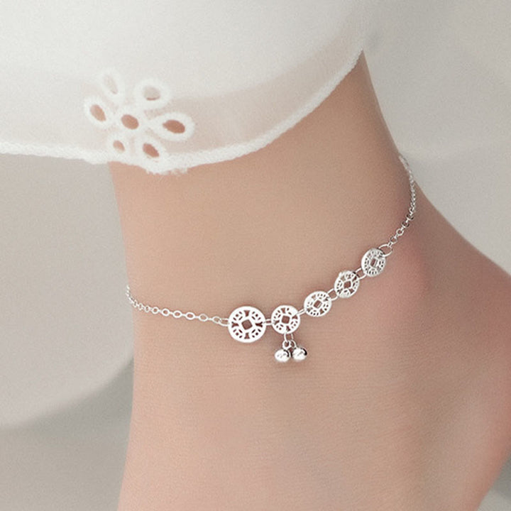 Buddha Stones 925 Srebro Miedziane Monety Dzwonki Ochrona Metalowa Bransoletka na Kostkę - image 3