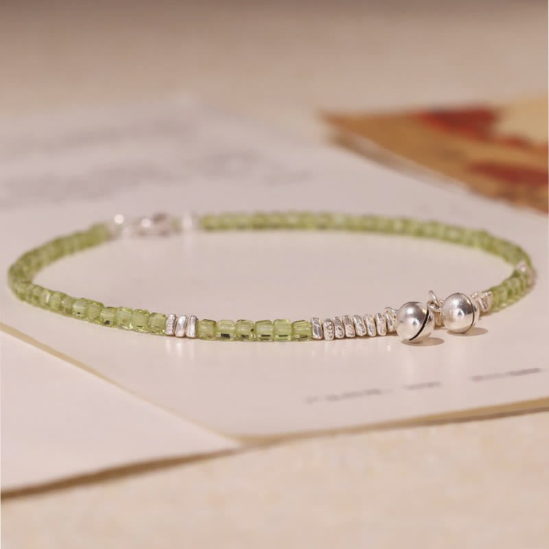 Buddha Stones 925 Srebro Sterling Naturalne Peridot Kwadratowe Koraliki Łańcuszek na Nogę