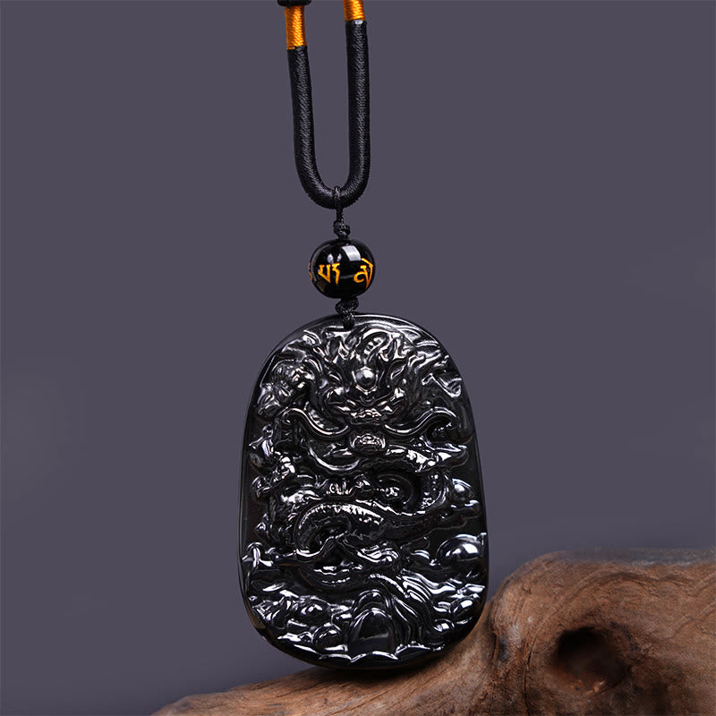 Buddha Stones Czarny Obsydian Smok Rzeźbiony Szczęście Ochrona Naszyjnik Wisiorek - Owalny smok 58mm*41mm - image 1