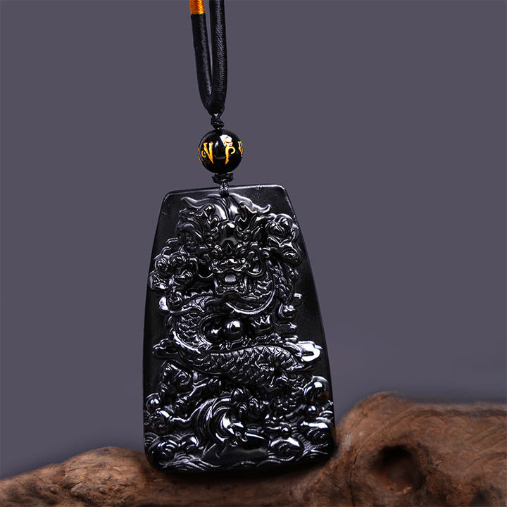 Buddha Stones Czarny Obsydian Smok Rzeźbiony Szczęście Ochrona Naszyjnik Wisiorek - Smok trapezowy 65mm*44mm - image 9