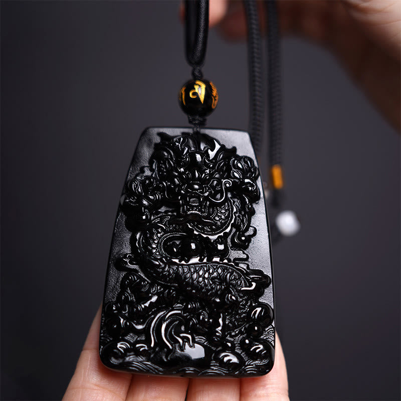 Buddha Stones Czarny Obsydian Smok Rzeźbiony Szczęście Ochrona Naszyjnik Wisiorek - image 11
