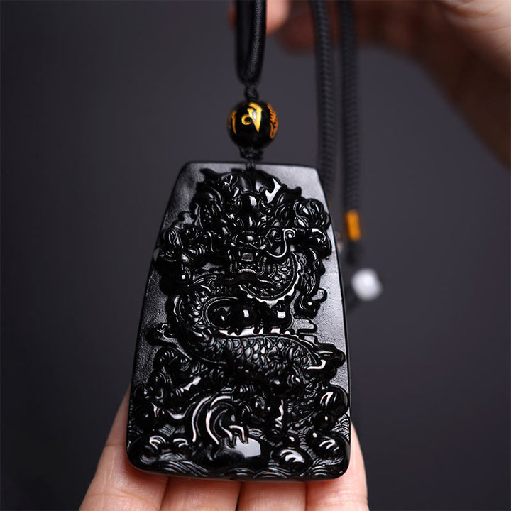 Buddha Stones Czarny Obsydian Smok Rzeźbiony Szczęście Ochrona Naszyjnik Wisiorek - image 11
