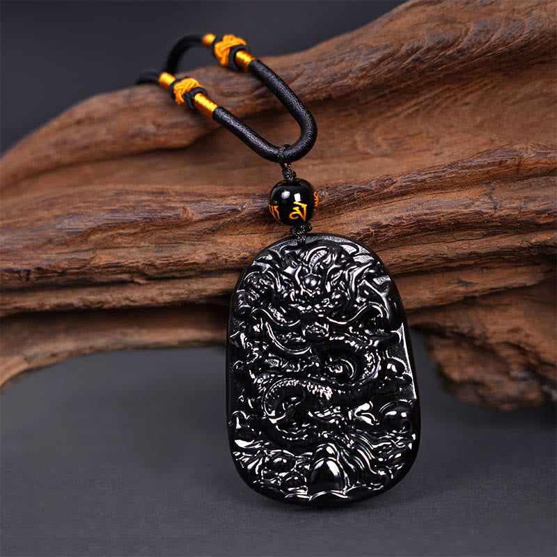 Buddha Stones Czarny Obsydian Smok Rzeźbiony Szczęście Ochrona Naszyjnik Wisiorek - image 4