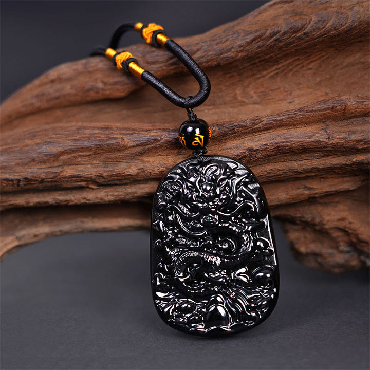 Buddha Stones Czarny Obsydian Smok Rzeźbiony Szczęście Ochrona Naszyjnik Wisiorek - image 4