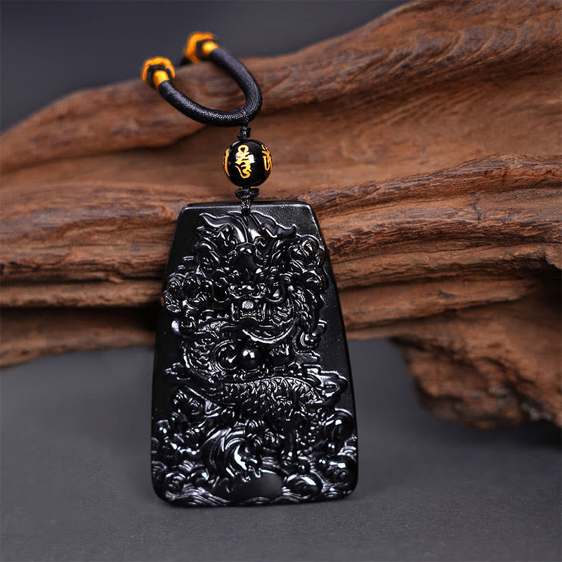 Buddha Stones Czarny Obsydian Smok Rzeźbiony Szczęście Ochrona Naszyjnik Wisiorek - image 14