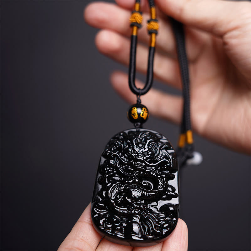 Buddha Stones Czarny Obsydian Smok Rzeźbiony Szczęście Ochrona Naszyjnik Wisiorek - image 3