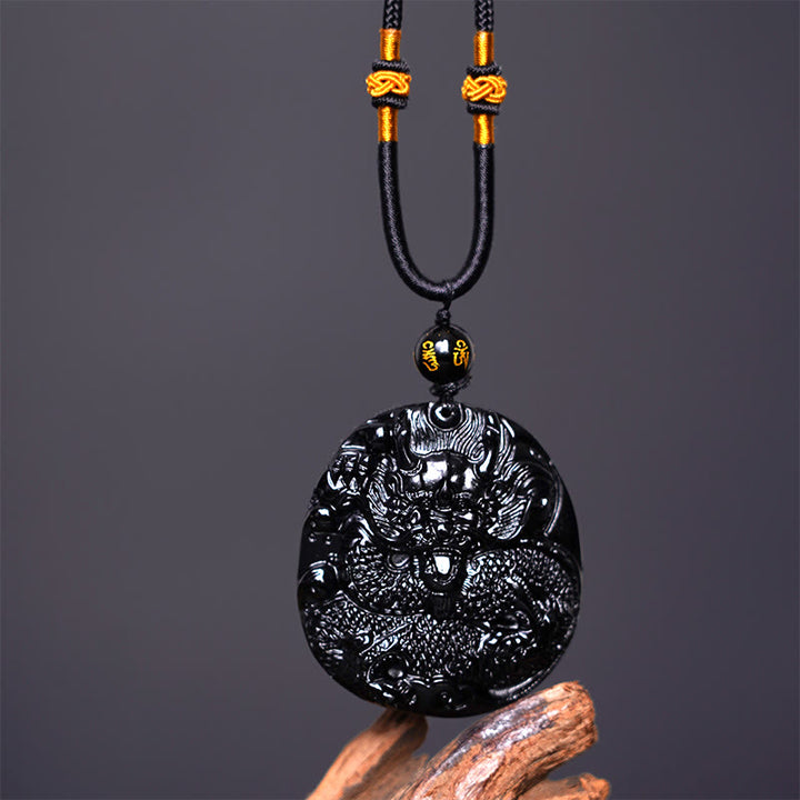 Buddha Stones Naturalny Czarny Obsydian Okrągły Smok Rzeźbiony Naszyjnik Ochronny Wisiorek - image 4