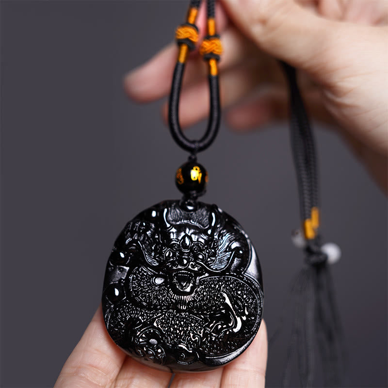 Buddha Stones Naturalny Czarny Obsydian Okrągły Smok Rzeźbiony Naszyjnik Ochronny Wisiorek - image 3