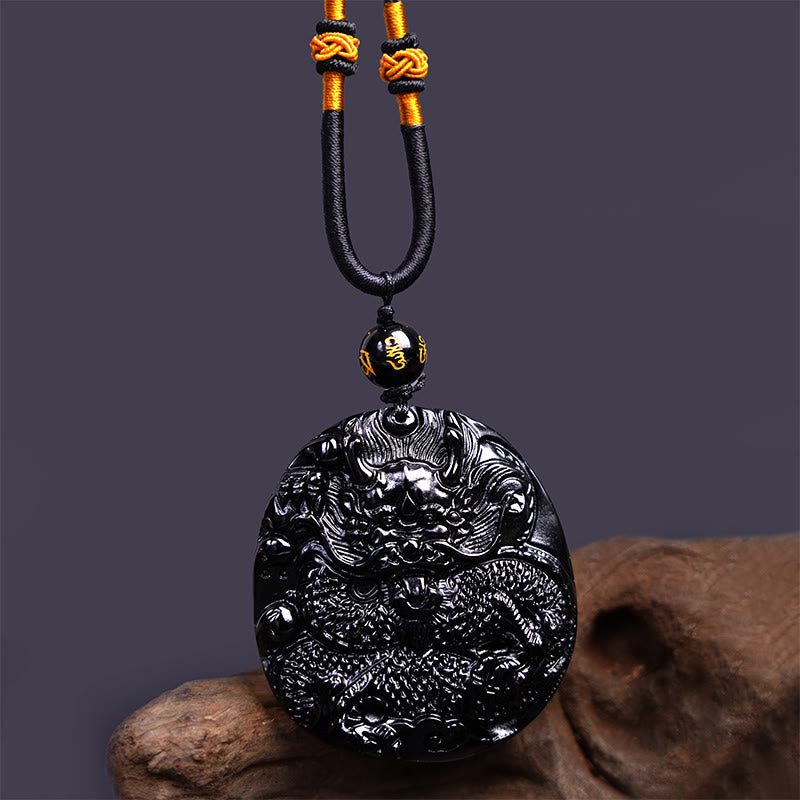 Buddha Stones Naturalny Czarny Obsydian Okrągły Smok Rzeźbiony Naszyjnik Ochronny Wisiorek - image 5