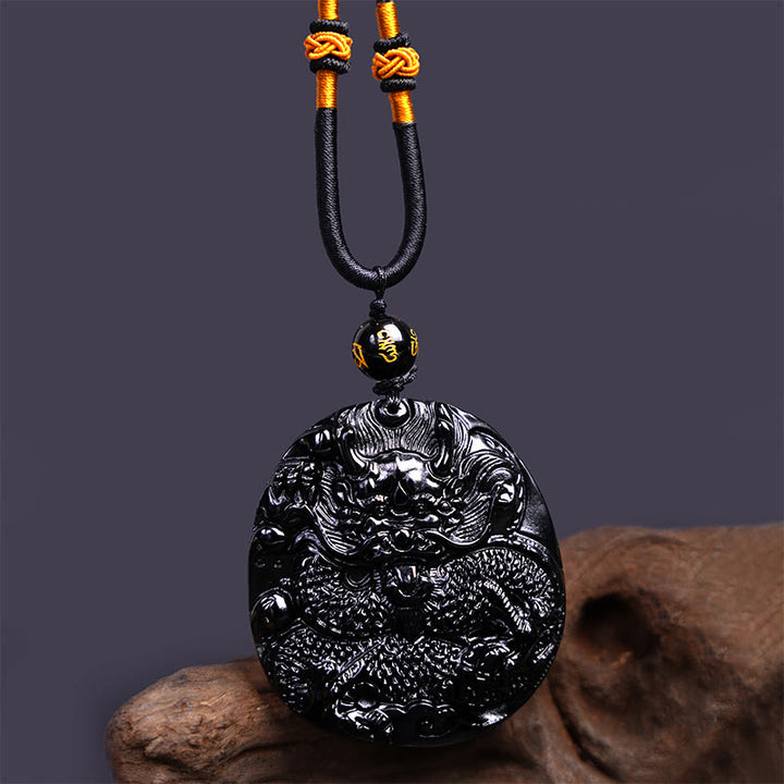 Buddha Stones Naturalny Czarny Obsydian Okrągły Smok Rzeźbiony Naszyjnik Ochronny Wisiorek - image 5