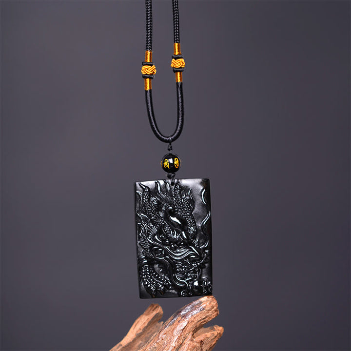 Buddha Stones Naturalny Czarny Obsydian Prostokątny Smok Grawerowany Naszyjnik Sukces Wisiorek - image 10