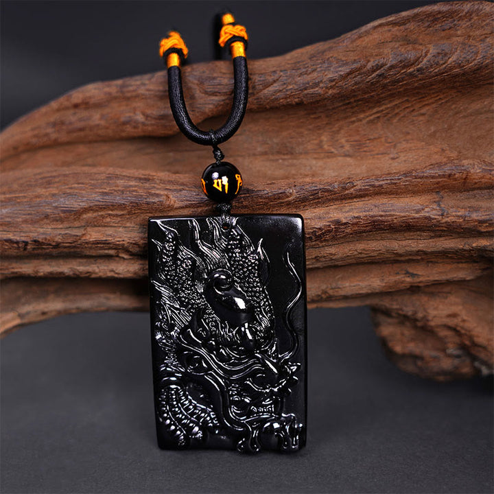 Buddha Stones Naturalny Czarny Obsydian Prostokątny Smok Grawerowany Naszyjnik Sukces Wisiorek - image 11
